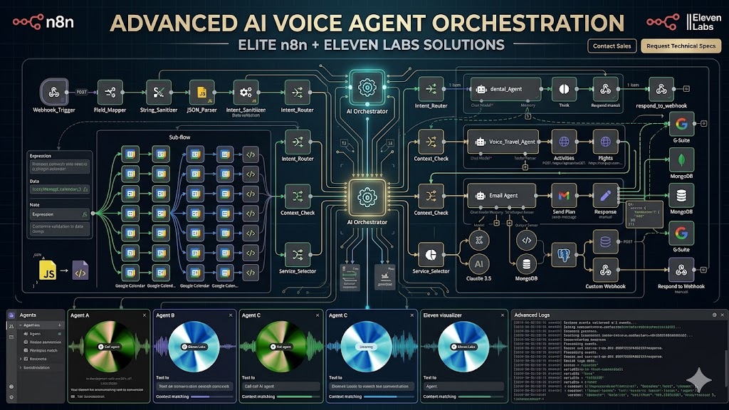 Technical diagram: advanced AI voice agent orchestration with n8n workflows, ElevenLabs, calendars, email, and business systems